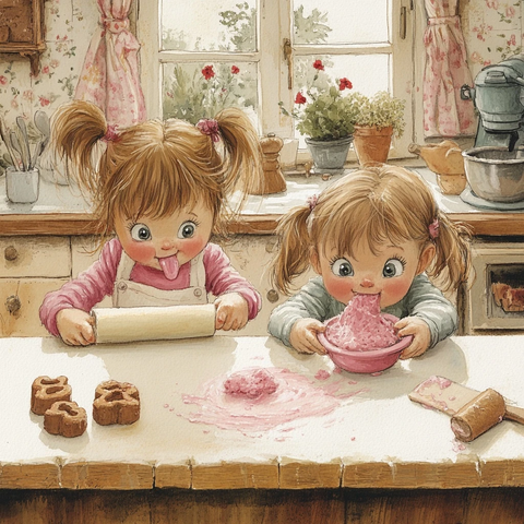 孩子烘焙面团和粉色糖霜