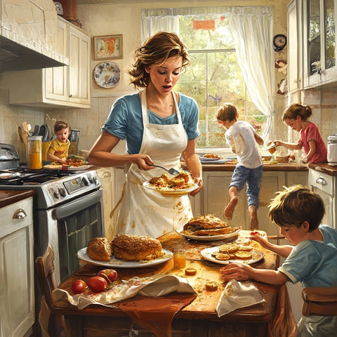 妈妈照顾孩子早餐家务忙碌