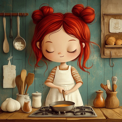 红发女孩穿厨师服搅拌锅