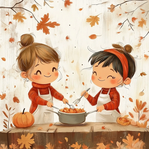 孩子们秋季一起烹饪