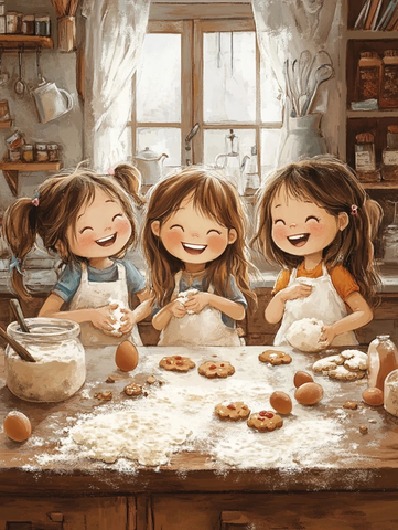 女孩们开心烘焙面粉满天飞