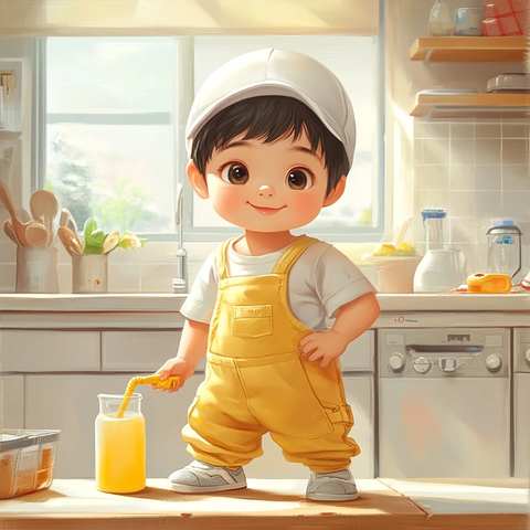 男孩厨房桌上拿牛奶