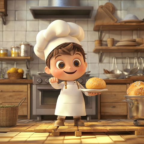 男孩穿厨师服做面包