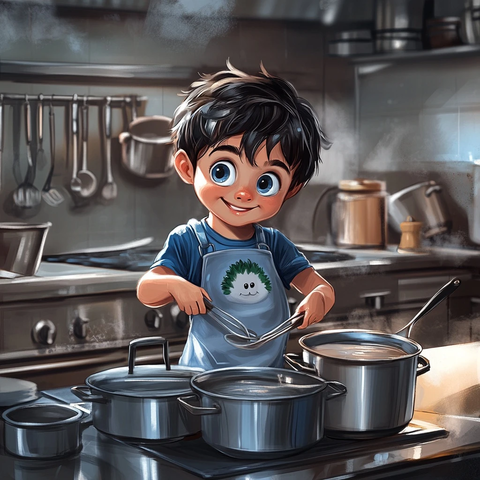 男孩用厨具玩打击乐