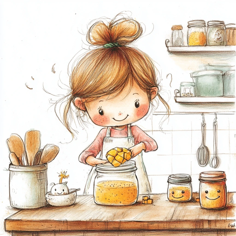 小女孩做芒果椰奶奇亚籽布丁