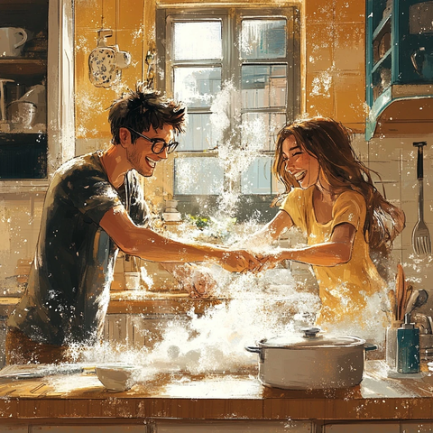 年轻伙伴玩闹厨房烹饪