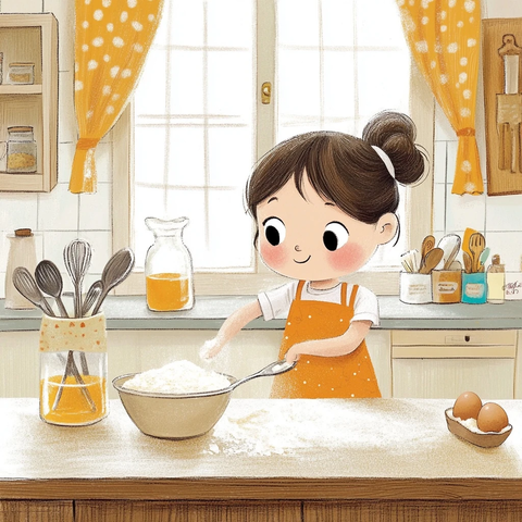 女孩厨房做洒面粉