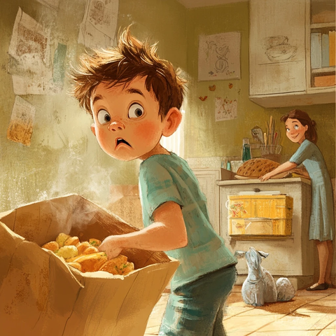 男孩偷扔食物母亲忙碌