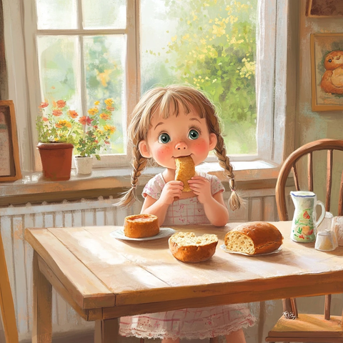 小女孩餐桌前拿面包