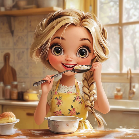 黄裙女子手持汤勺微笑