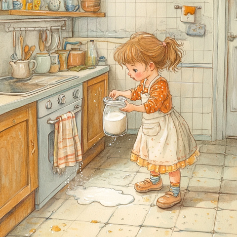 小女孩倒牛奶溢出杯子