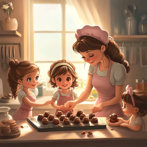 女子制作巧克力与孩子观看