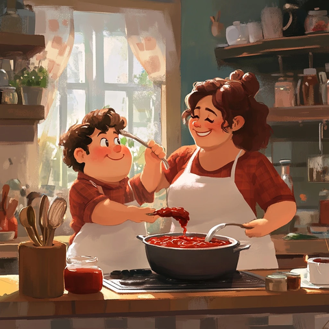 母子制作自制烧烤酱