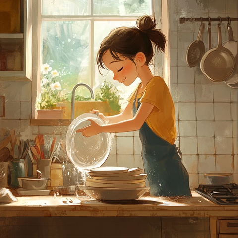 女孩洗碗插画