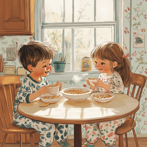 兄妹早餐厨房插画