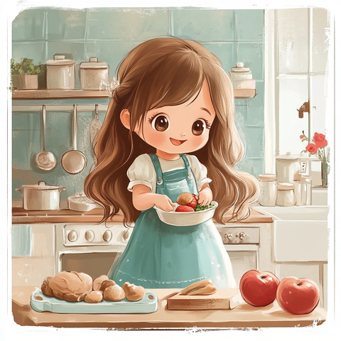 女孩分享美食厨房背景