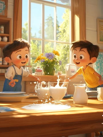 餐桌碗盘鲜花儿童倒牛奶