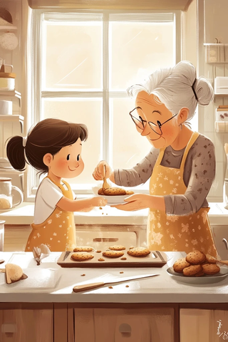 小女孩和奶奶一起烤饼干