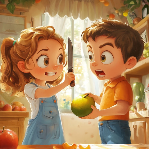 女孩微笑指刀男孩尴尬