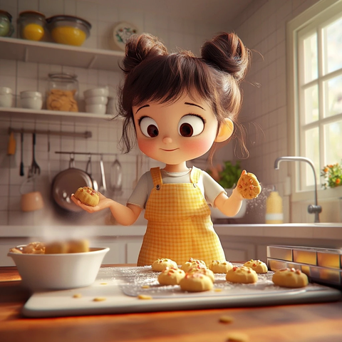 女孩厨房烤饼干洗碗