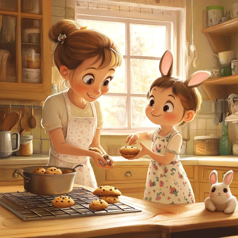 女孩穿兔子裙厨房看妈妈烤饼干