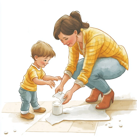 老师帮助孩子清理洒出的牛奶