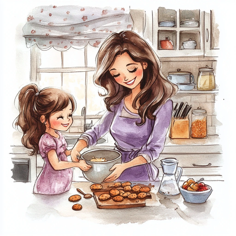 水彩木乃伊母女烤饼干