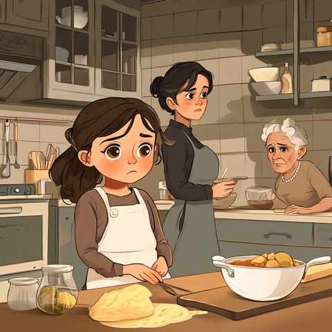 女孩做饭母亲奶奶观看