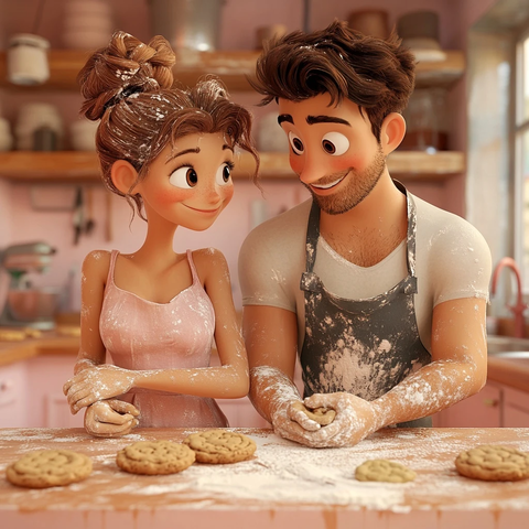 年轻情侣一起烤饼干