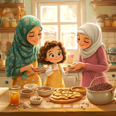 厨房中女孩与家人烘焙