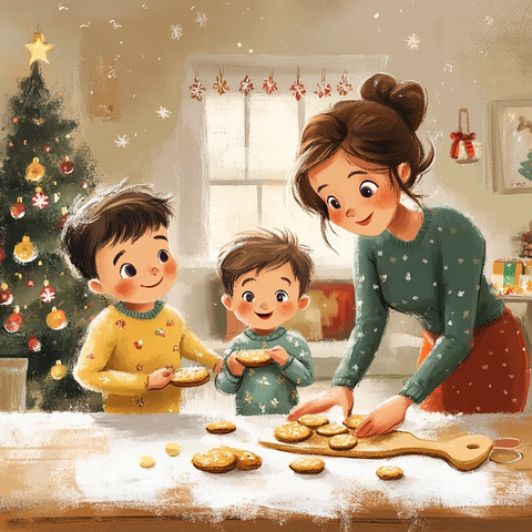 母子三人装饰房屋烤饼干