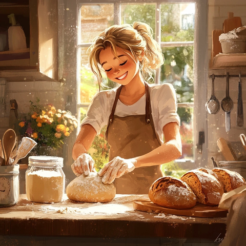 女人烤面包厨房温暖场景