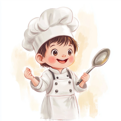 小孩厨师拿勺微笑