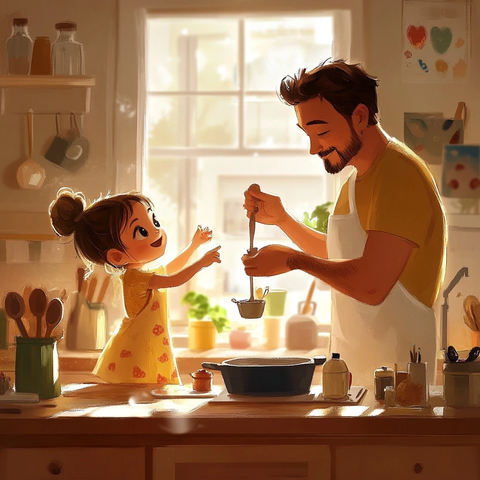 女孩厨房玩耍爸爸观看