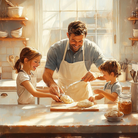 父亲与孩子一起揉面团