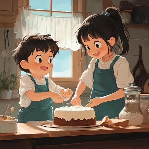 女孩男孩一起学做蛋糕