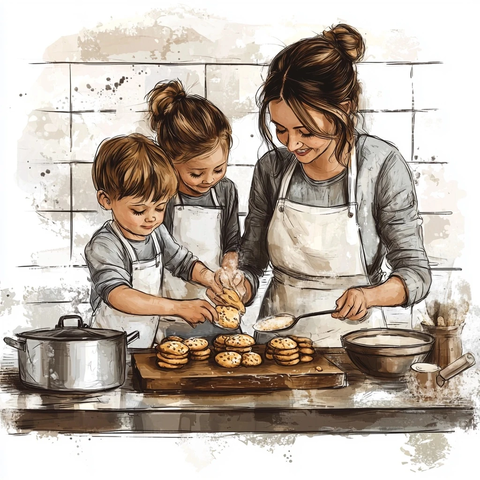 妈妈和孩子一起烤饼干