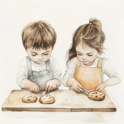 两个孩子在厨房烤饼干