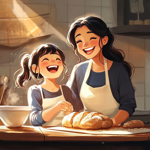 母女一起烘焙面包笑声连连