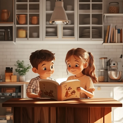 男孩女孩读童话书桌前