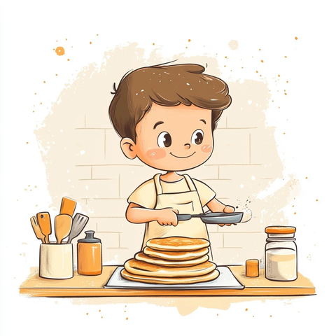 男孩做煎饼插画