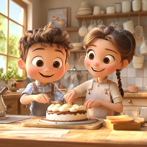两个小孩厨房做蛋糕场景