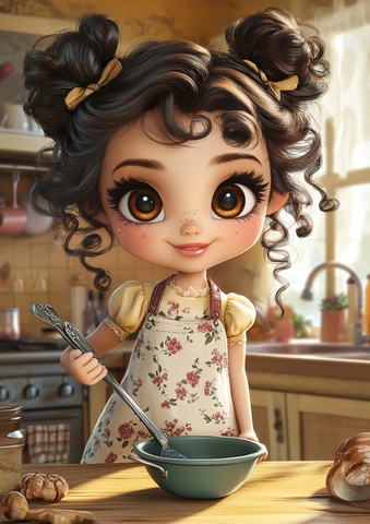 花女孩拿勺子微笑