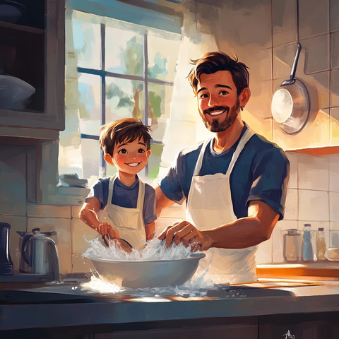 父子洗碗早晨温馨厨房