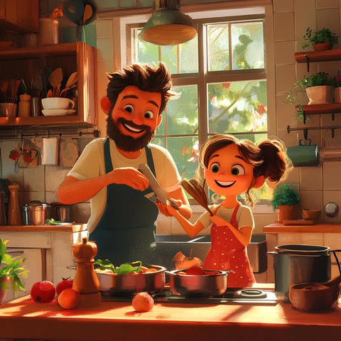 父女厨房烹饪互动场景