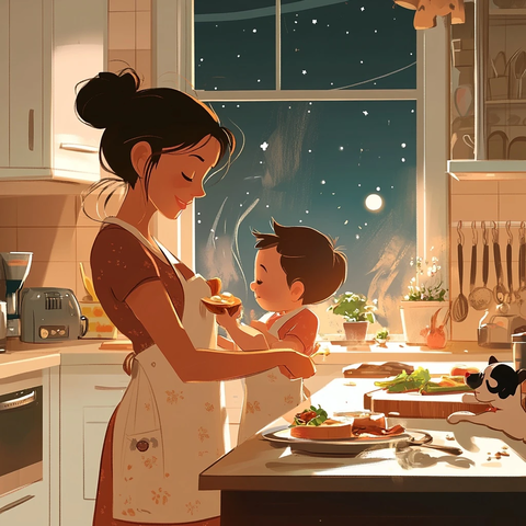 母子厨房烹饪小狗嬉戏