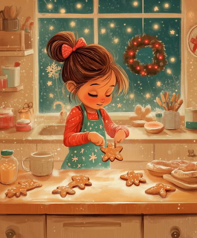 女孩装饰姜饼人圣诞厨房