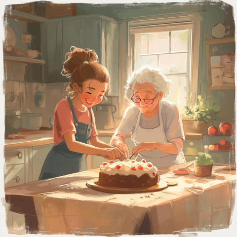 苏珊与奶奶厨房做蛋糕