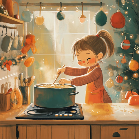 小女孩厨房煮粥节日装饰