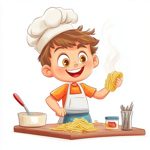 男孩煮面条卡通插画